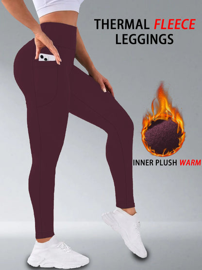 Damen Thermo-Leggings mit Hoher Taille und Taschen – Fleecegefüttert, Bauchformend, Winterwarm, Dicke Strumpfhose, Sport- und Laufhose