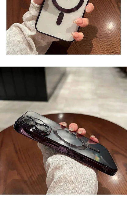 Verchromtes weiches TPU-Case mit vollständigem Linsenschutz für iPhone 13 14 12 11 15 Pro Max Plus Magsafe magnetische Handyhülle kabelloses Ladecover