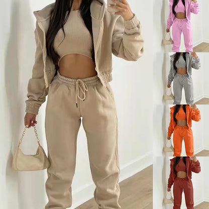 Damen 3-teilige Sets Anzug Lässig Langarm Hoodie Tanktop Jogginghose Sportliches Dreiteiliges Outfit