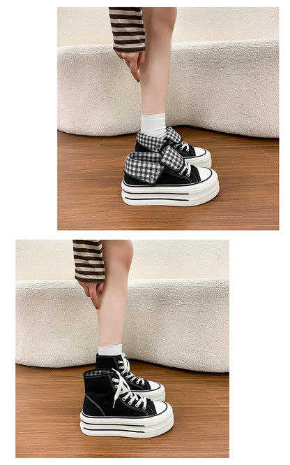 2026 Neue Mode Dicksohlige Kariert Nische INS Trendiges Design Lässige Vielseitige Dicksohlige Faltbare Canvas-Schuhe