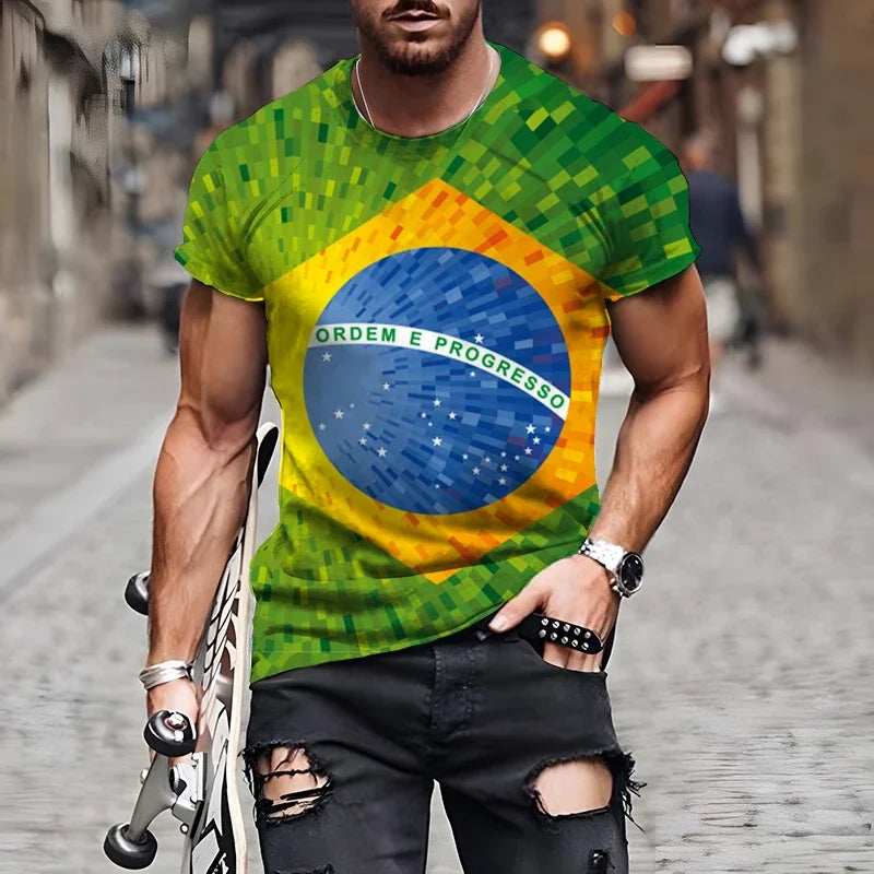 Brasilianische Flagge 3D-Druck Sport Schnell trocknend Atmungsaktiv Herren Damen T-Shirt Outdoor Street  Kurzarm