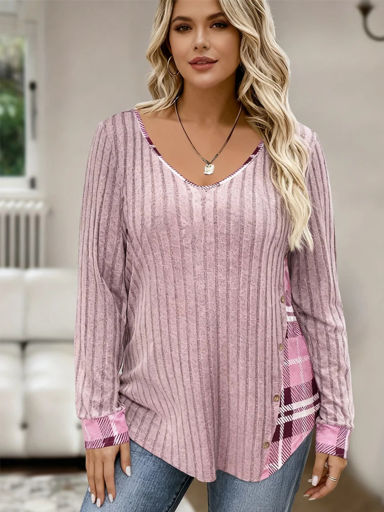 Clearance Plus-Size Damenpullover Winter Große Größen Farbblock V-Ausschnitt Pullover Warm Große Größen Damenbekleidung Streifen-Design Oberteil