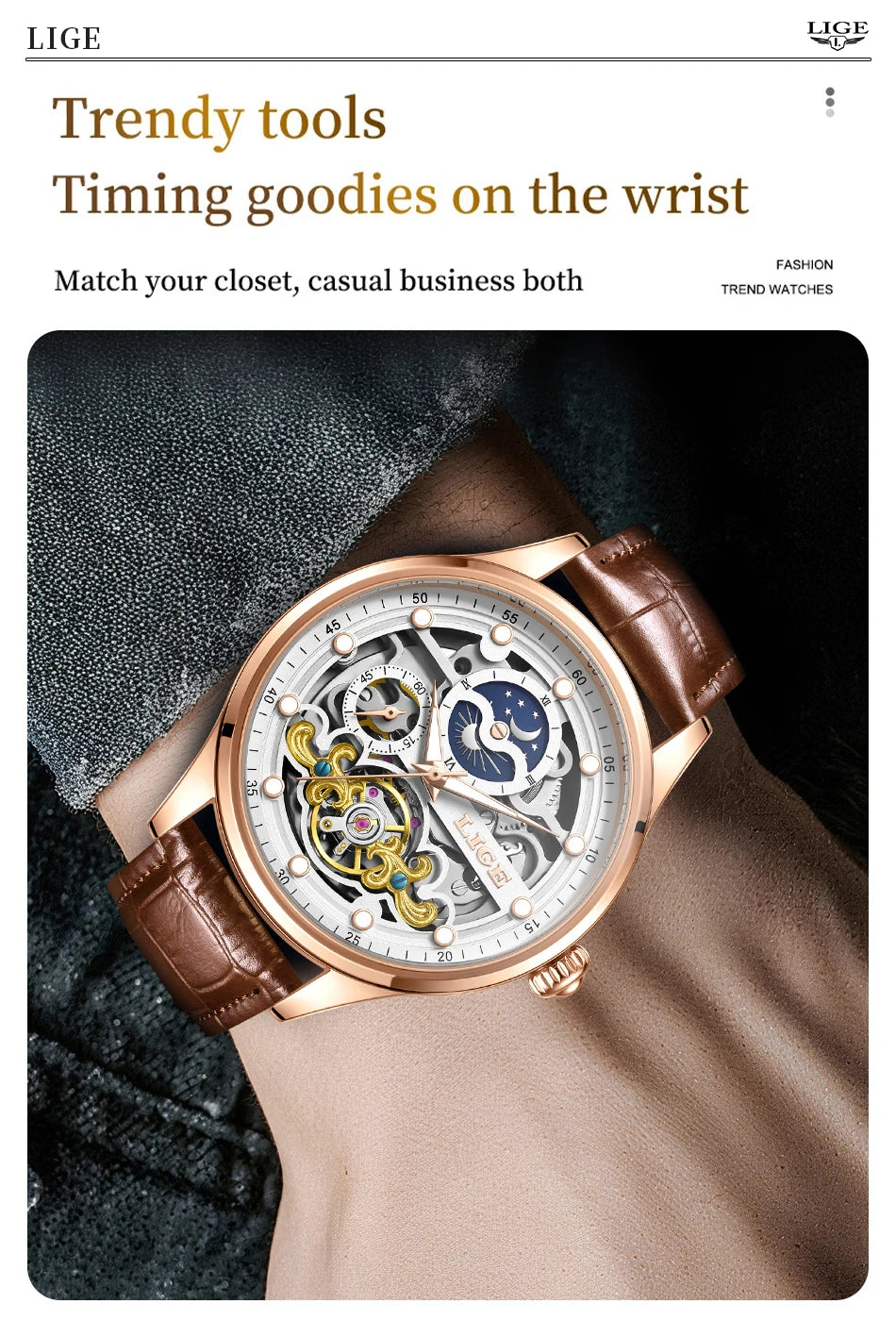 Neue LIGE Skelett Mechanische Automatik-Uhr Herren Tourbillon Sportuhr Freizeit Business Mond Armbanduhr Relojes Hombre
