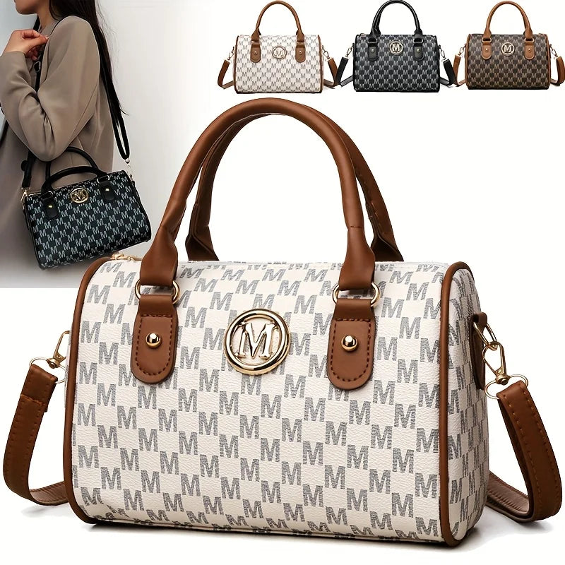 Damen Alphabet Schultertasche mit goldenem "M"-Logo, kleine Umhängetasche aus synthetischem Kunstleder für Arbeit, Reisen, Partys und als Geschenk