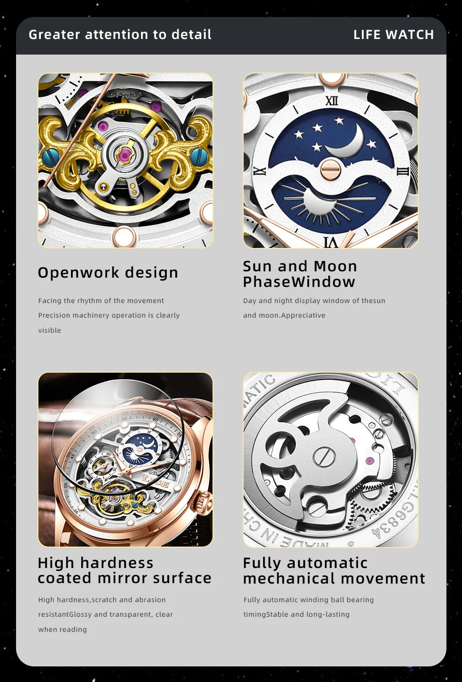 Neue LIGE Skelett Mechanische Automatik-Uhr Herren Tourbillon Sportuhr Freizeit Business Mond Armbanduhr Relojes Hombre