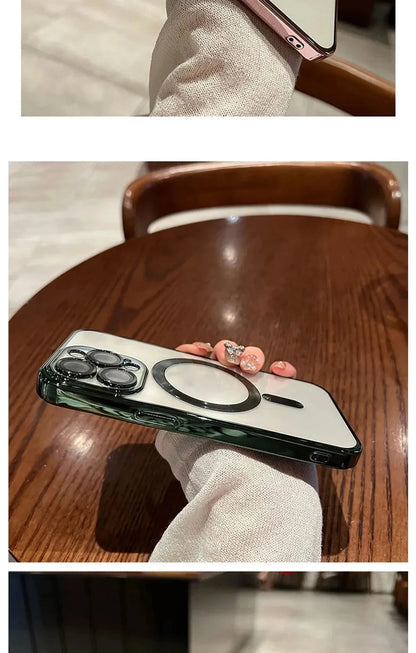 Verchromtes weiches TPU-Case mit vollständigem Linsenschutz für iPhone 13 14 12 11 15 Pro Max Plus Magsafe magnetische Handyhülle kabelloses Ladecover