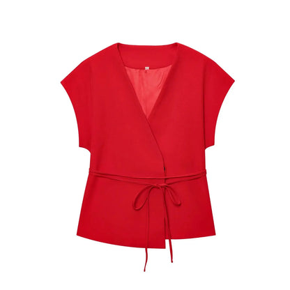 TFMLN Fashion Damenanzug Hosenanzüge Ärmelloses V-Ausschnitt Top mit Gürtel Gerade Hose Set 2025 Frühling Sommer Büro 2-teiliger Set