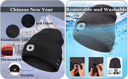 3-in-1 Bluetooth-Mütze, Bluetooth-Mütze mit Licht, Unisex 6 LED USB wiederaufladbar mit kabellosen Kopfhörern