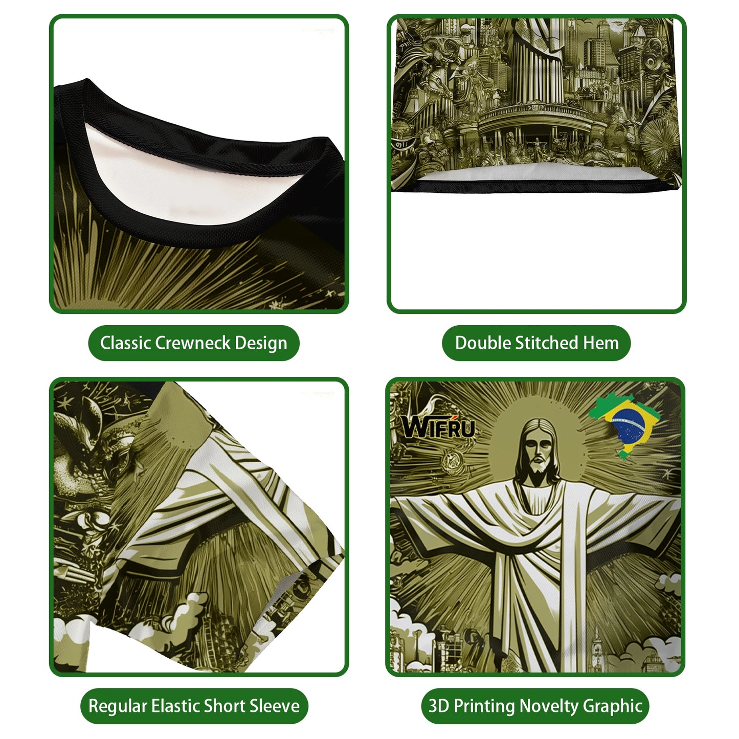 Brasilianische Flagge+Jesus 3D-Druck Sport Schnell trocknend Atmungsaktiv Herren Damen T-Shirt Outdoor Street Kurzarm