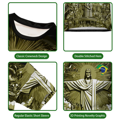 Brasilianische Flagge+Jesus 3D-Druck Sport Schnell trocknend Atmungsaktiv Herren Damen T-Shirt Outdoor Street Kurzarm