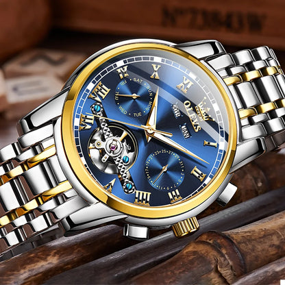 OLEVS Herren Uhren Automatische Mechanische Business Armbanduhr Wasserdicht Edelstahlarmband Uhr für Männer Skelett Kalender
