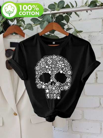 Damen Totenkopf Blumenmuster T-Shirt Modisch Lässiges Rundhals Kurzarm Oberteil Weißer Grund mit Schwarzem Blumenmuster Damenbekleidung
