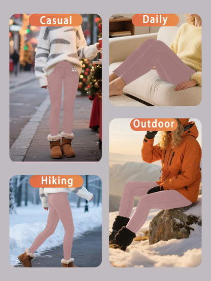 Damen Thermo-Leggings mit Hoher Taille und Taschen – Fleecegefüttert, Bauchformend, Winterwarm, Dicke Strumpfhose, Sport- und Laufhose