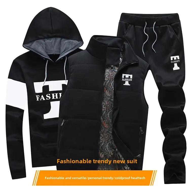Herren Kapuzenpullover Herbst Winter Fleecegefüttert Verdicktes Freizeit-Sportanzug Modisches Dreiteiliges Set
