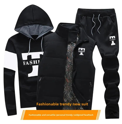 Herren Kapuzenpullover Herbst Winter Fleecegefüttert Verdicktes Freizeit-Sportanzug Modisches Dreiteiliges Set