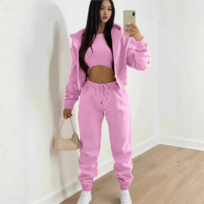 Damen 3-teilige Sets Anzug Lässig Langarm Hoodie Tanktop Jogginghose Sportliches Dreiteiliges Outfit