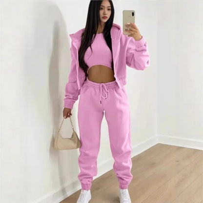 Damen 3-teilige Sets Anzug Lässig Langarm Hoodie Tanktop Jogginghose Sportliches Dreiteiliges Outfit