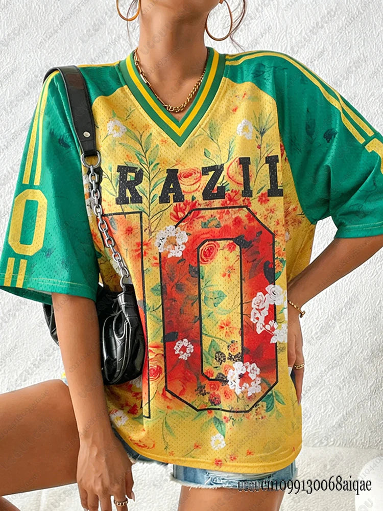 Sommer Neues Brasilien T-Shirt für Frauen Patchwork V-Ausschnitt Kurzarm T-Shirts  Übergröße Y2K Street Tops