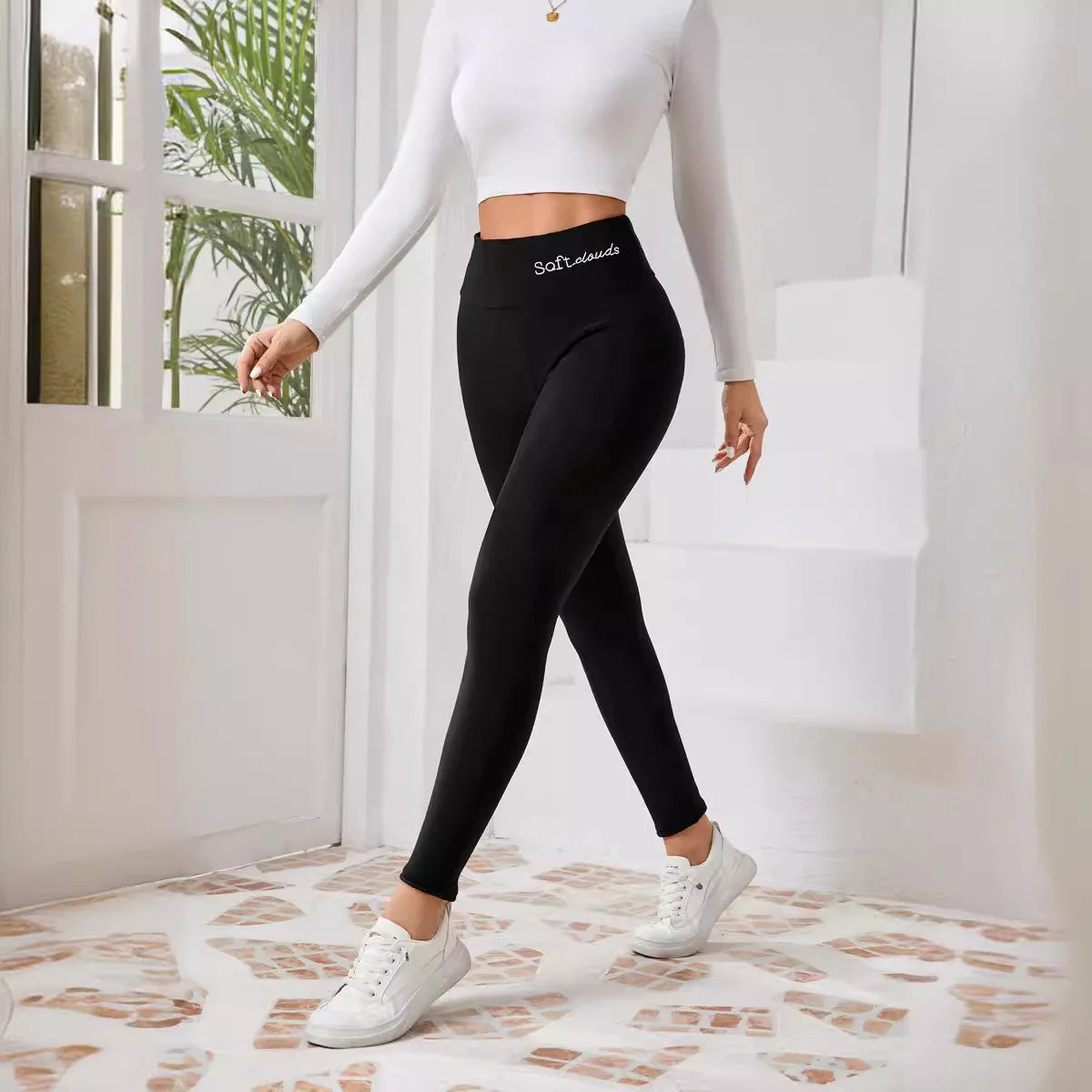 Winter Damen Warme Leggings Plüschgefütterte Thermohose Verdickte Buchstaben Stickerei Schlanke Elastische Strumpfhosen