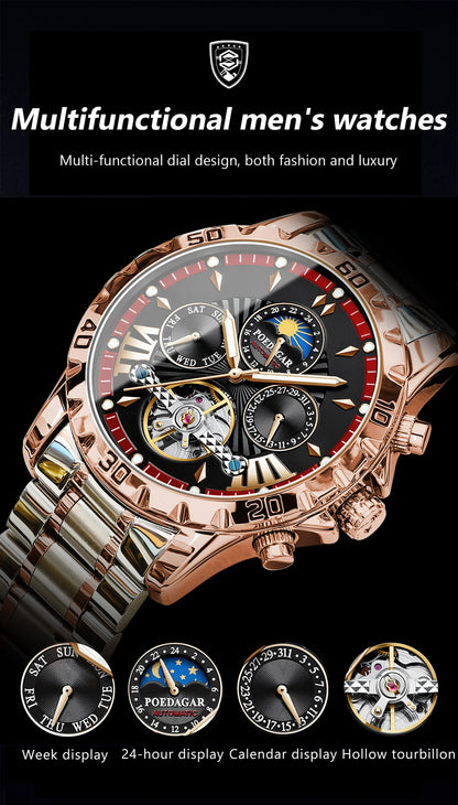 POEDAGAR Luxus Automatische Mechanische Herren Uhr Hohler Tourbillon Wasserdicht Leuchtend Männliche Uhr Woche Datum Geschäftsmänner Uhren