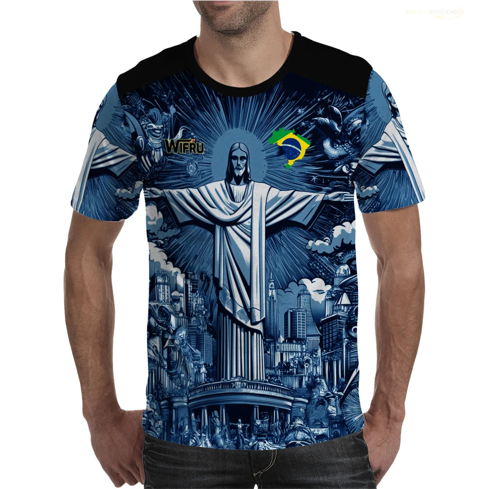 Brasilianische Flagge+Jesus 3D-Druck Sport Schnell trocknend Atmungsaktiv Herren Damen T-Shirt Outdoor Street Kurzarm