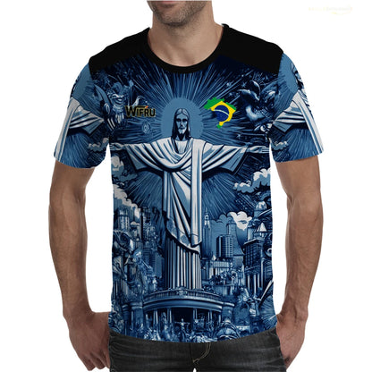Brasilianische Flagge+Jesus 3D-Druck Sport Schnell trocknend Atmungsaktiv Herren Damen T-Shirt Outdoor Street Kurzarm