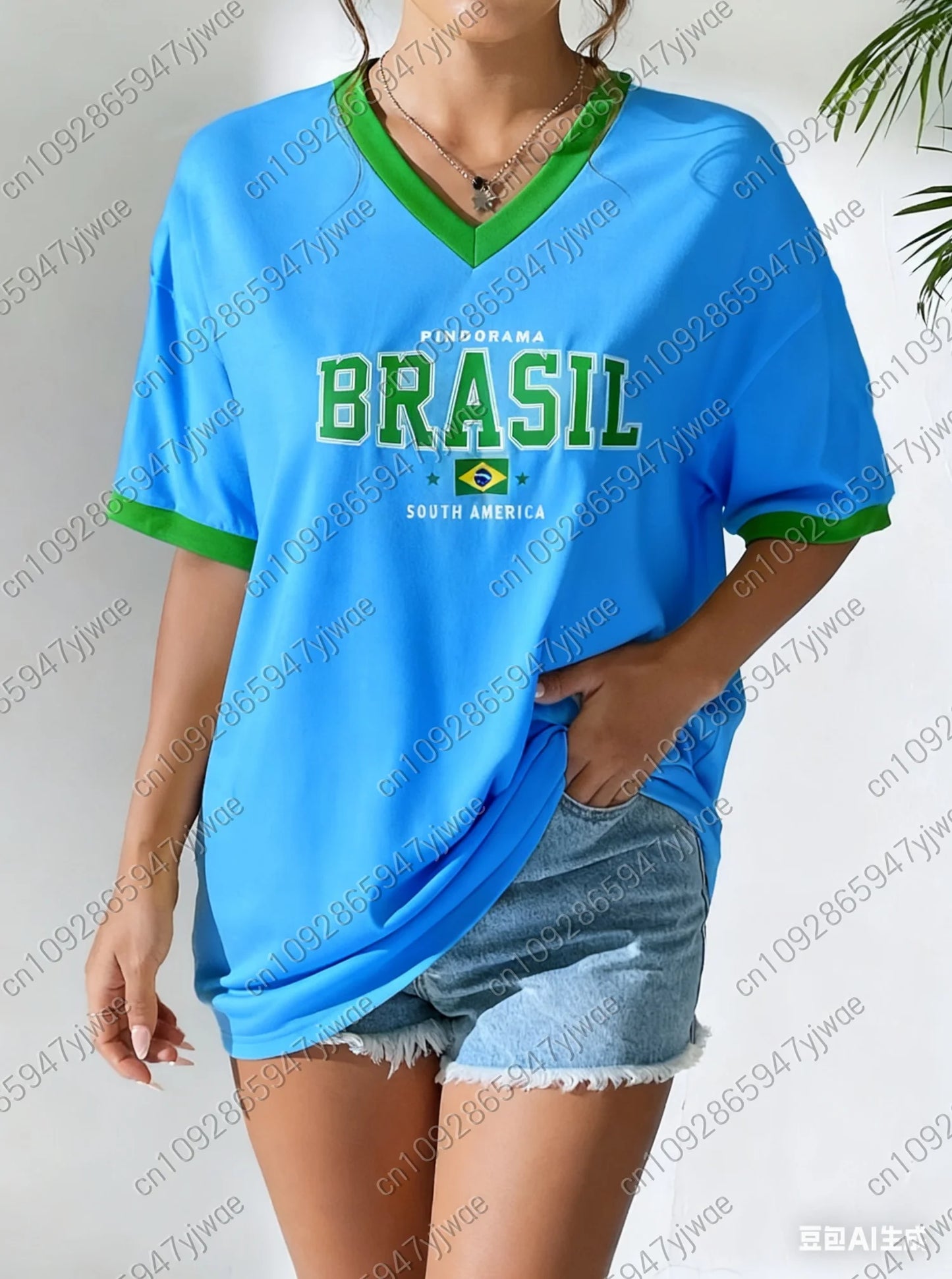 Sommer Damen V-Ausschnitt T-Shirt Brasilien Druck Leicht Atmungsaktiv Kurzarm Baseball T-Shirt Damen Trikot T-Shirt