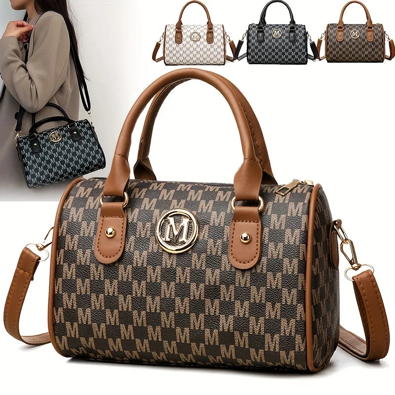 Damen Alphabet Schultertasche mit goldenem "M"-Logo, kleine Umhängetasche aus synthetischem Kunstleder für Arbeit, Reisen, Partys und als Geschenk