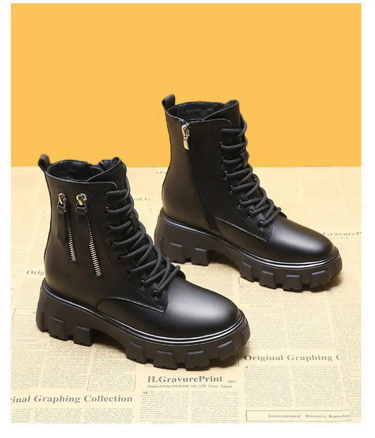 Stiefeletten 2025 Neuer koreanischer Stil mit Fleece gefüttert, Herbst-Winter High-Top Baumwollschuhe, Damenstiefel mit hohem Absatz, mittelhohe Stiefel