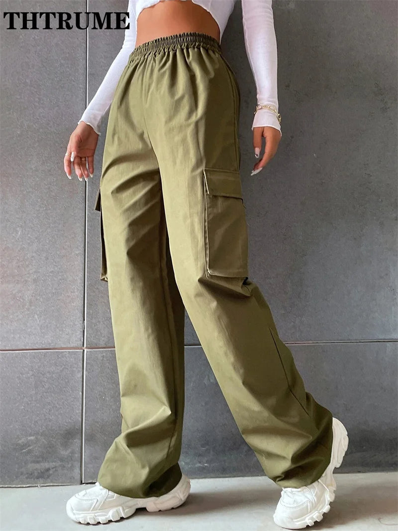 Vintage Streetwear Cargo-Hosen Mode Damen Einfarbig Oversized Tasche Hohe Taille Baggy Hose Lässig Hip-Hop Gerade Neue Hose