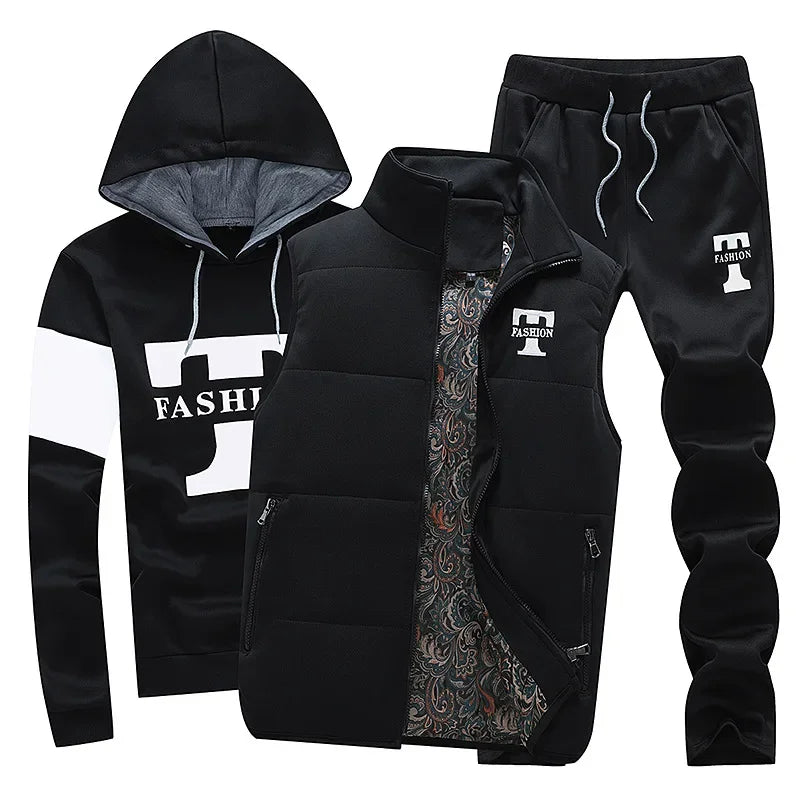 Herren Kapuzenpullover Herbst Winter Fleecegefüttert Verdicktes Freizeit-Sportanzug Modisches Dreiteiliges Set