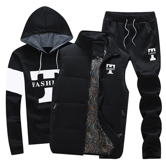 Herren Kapuzenpullover Herbst Winter Fleecegefüttert Verdicktes Freizeit-Sportanzug Modisches Dreiteiliges Set