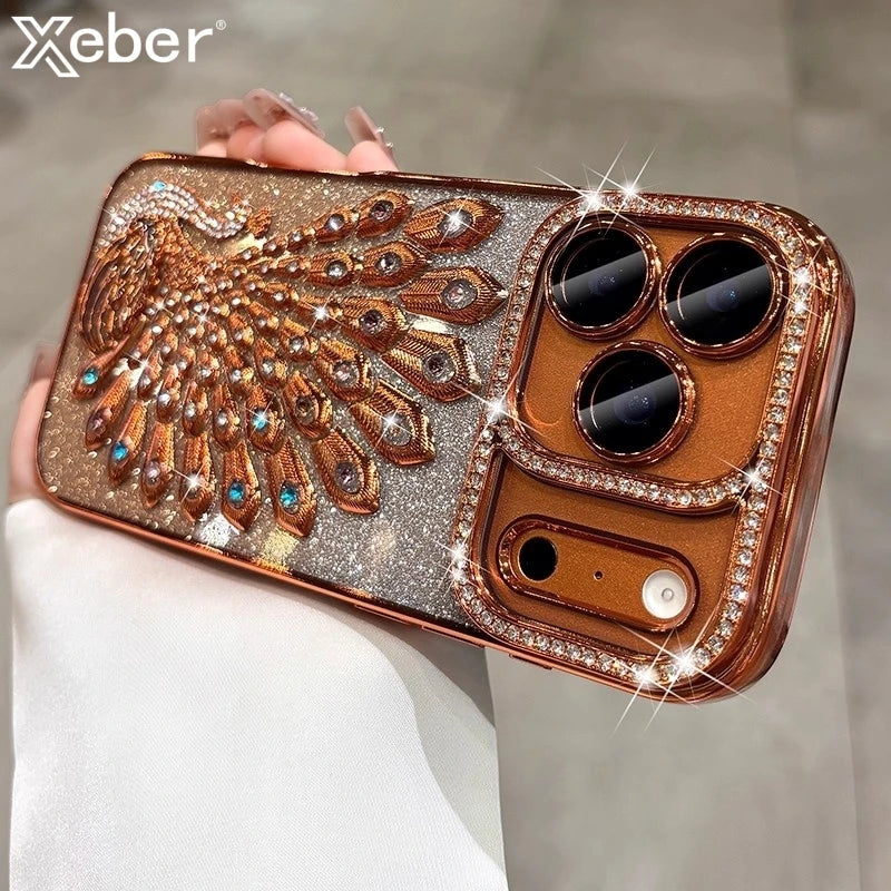 Hülle für iPhone 17 Pro Max 16 15 14 13 mit plattiertem Pfauenmuster, Glitzer-Diamant-Rhinestones, transparent und stoßfest