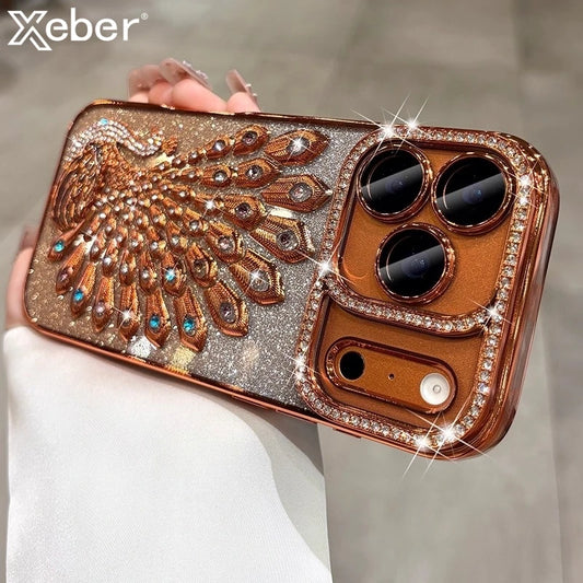 Hülle für iPhone 17 Pro Max 16 15 14 13 mit plattiertem Pfauenmuster, Glitzer-Diamant-Rhinestones, transparent und stoßfest