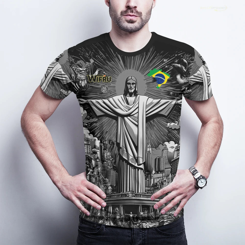 Brasilianische Flagge+Jesus 3D-Druck Sport Schnell trocknend Atmungsaktiv Herren Damen T-Shirt Outdoor Street Kurzarm