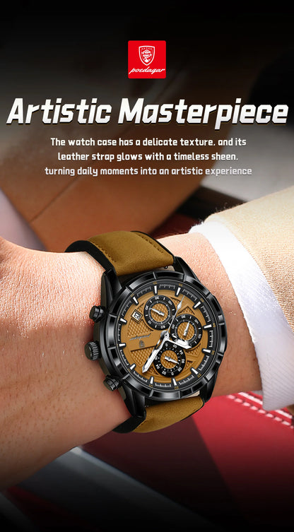 POEDAGAR Luxus Herrenarmbanduhr Quarz Original Leder Herren Uhren Datum Chronograph Wasserdicht Leuchtende Herrenuhr Männlich+Box