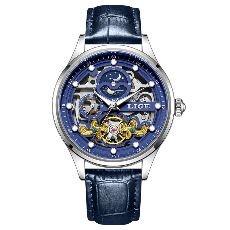 Neue LIGE Skelett Mechanische Automatik-Uhr Herren Tourbillon Sportuhr Freizeit Business Mond Armbanduhr Relojes Hombre
