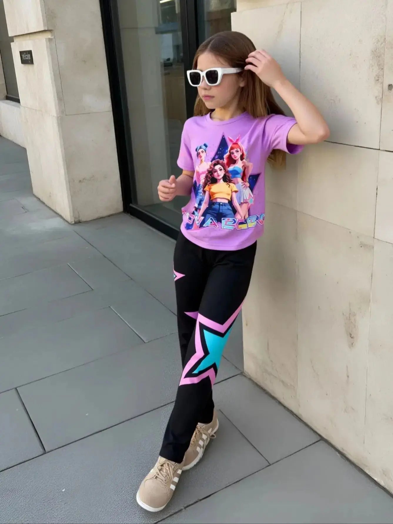 Frühling/Sommer Mädchen Mode Zweiteiliges Set, K-Pop Cartoon Anime 3D Druck Rundhalsausschnitt T-Shirt Enganliegende Hose Set