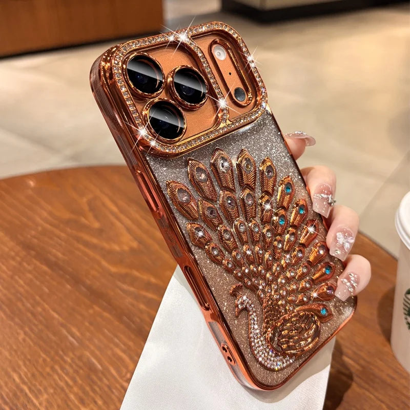 Hülle für iPhone 17 Pro Max 16 15 14 13 mit plattiertem Pfauenmuster, Glitzer-Diamant-Rhinestones, transparent und stoßfest