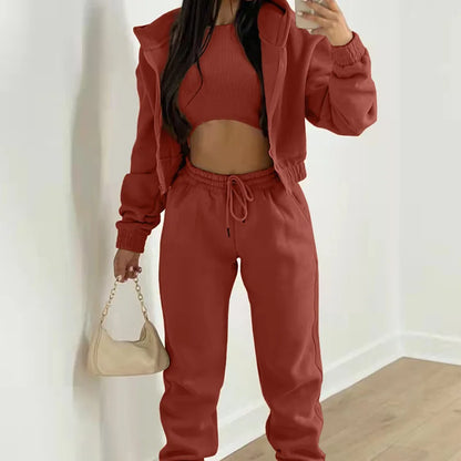 Damen 3-teilige Sets Anzug Lässig Langarm Hoodie Tanktop Jogginghose Sportliches Dreiteiliges Outfit