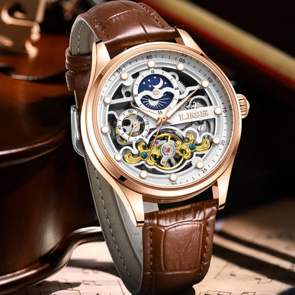 Neue LIGE Skelett Mechanische Automatik-Uhr Herren Tourbillon Sportuhr Freizeit Business Mond Armbanduhr Relojes Hombre