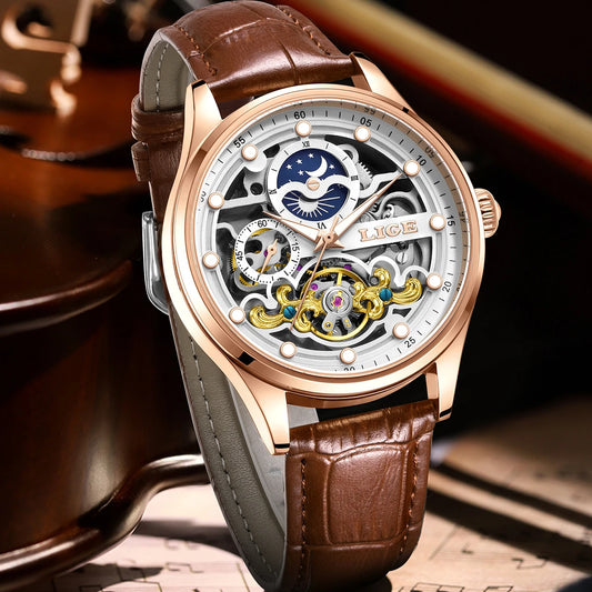 Neue LIGE Skelett Mechanische Automatik-Uhr Herren Tourbillon Sportuhr Freizeit Business Mond Armbanduhr Relojes Hombre
