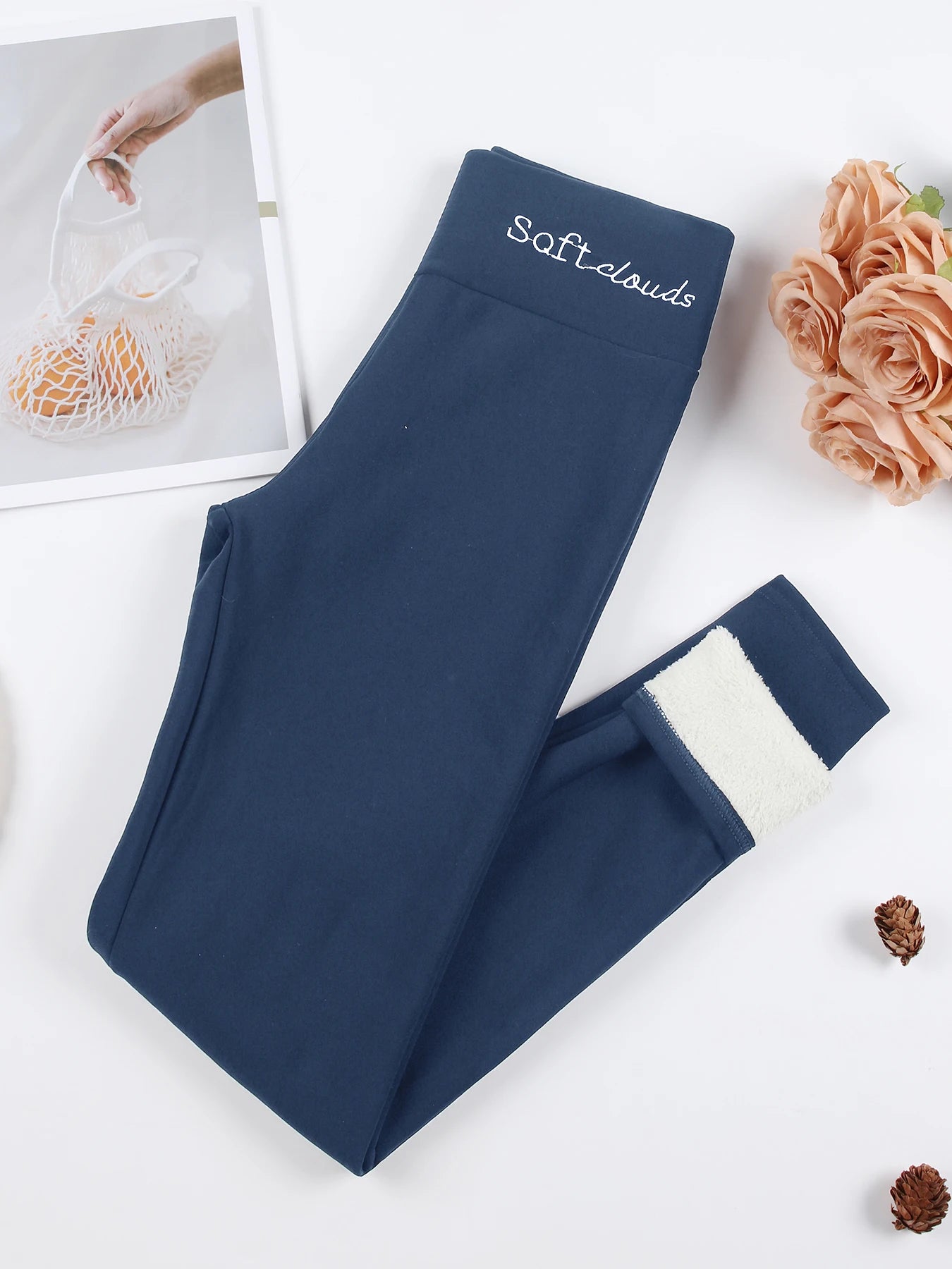 Damen warme Leggings mit Plüschfutter und Stickerei, modische dicke High-Waist Skinny-Hose, perfekt für Wintersport und Fitness