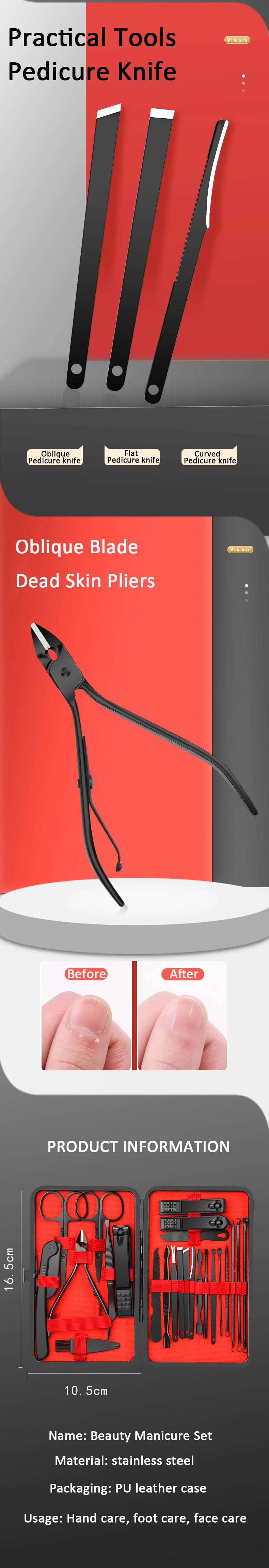 7/10/12/18/20/24-teiliges Profi-Maniküre-Set aus Edelstahl für Fingernägel und Fußnägel mit tragbarem Lederetui