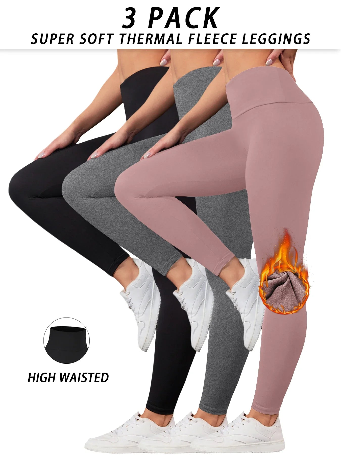 3er-Pack Damen Thermo-Leggings mit Fleece-Futter und hoher Taille. Trainings-Winterwärmende dicke Strumpfhosen, weiche Yogahosen