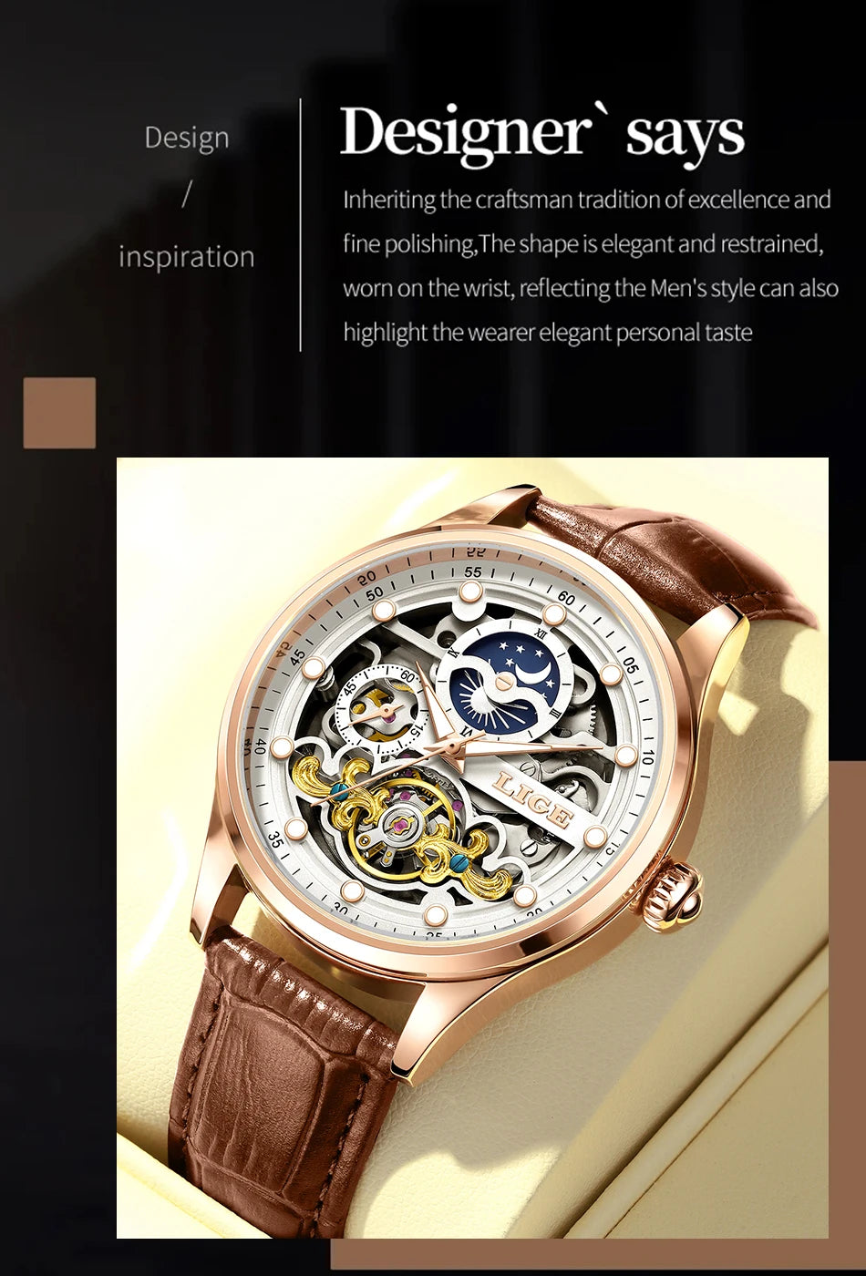 Neue LIGE Skelett Mechanische Automatik-Uhr Herren Tourbillon Sportuhr Freizeit Business Mond Armbanduhr Relojes Hombre