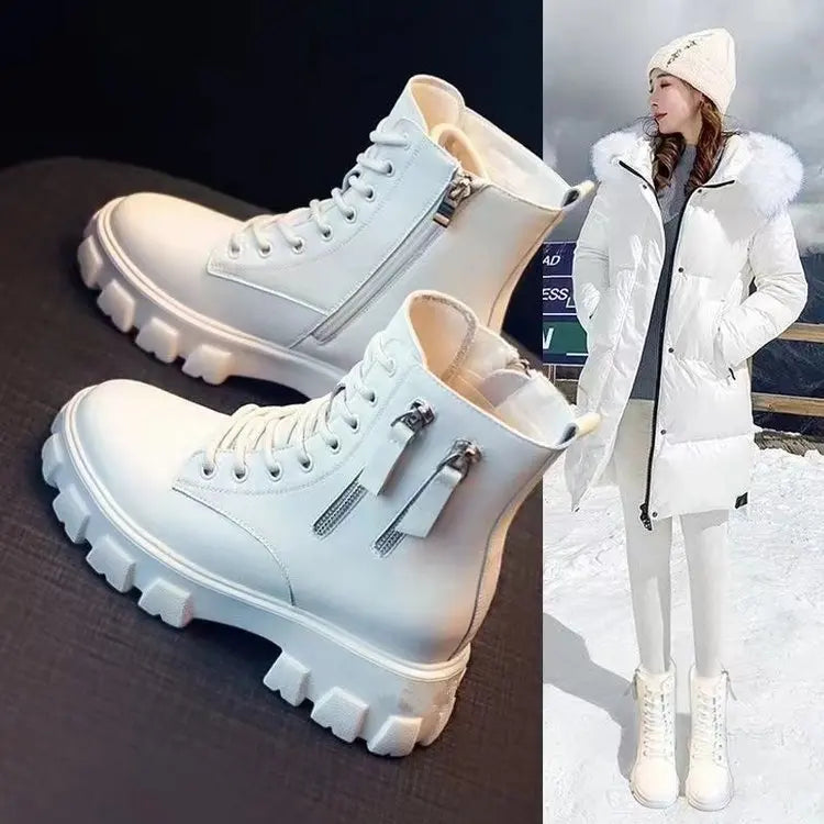 Stiefeletten 2025 Neuer koreanischer Stil mit Fleece gefüttert, Herbst-Winter High-Top Baumwollschuhe, Damenstiefel mit hohem Absatz, mittelhohe Stiefel