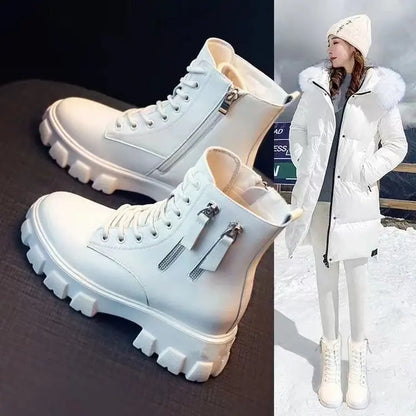 Stiefeletten 2025 Neuer koreanischer Stil mit Fleece gefüttert, Herbst-Winter High-Top Baumwollschuhe, Damenstiefel mit hohem Absatz, mittelhohe Stiefel