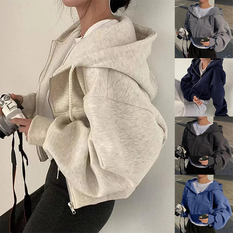 Damen Sweatshirt mit Fleece-Futter, vielseitig, kurz geschnitten, schlanke Passform, glatte Silhouette, Reißverschluss, warm, mit Kapuze