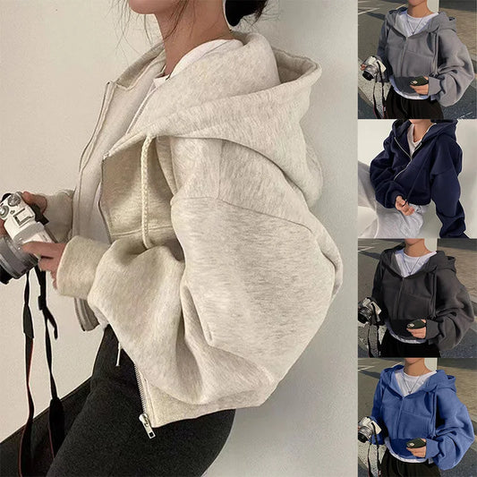 Damen Sweatshirt mit Fleece-Futter, vielseitig, kurz geschnitten, schlanke Passform, glatte Silhouette, Reißverschluss, warm, mit Kapuze